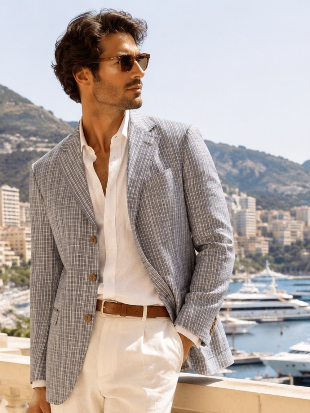 Black Brown 1826 Tailored Linen Cotton Plaid Blazer Quiet Luxury Sz L